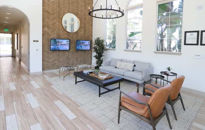 leasing lobby with stylish lounge chairs at Capriana at Chino Hills, Chino Hills