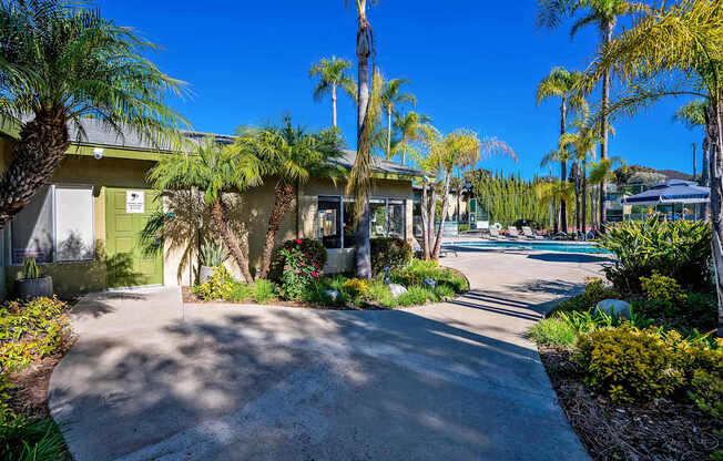 A sunny day at a tropical residential area with a clear blue sky.