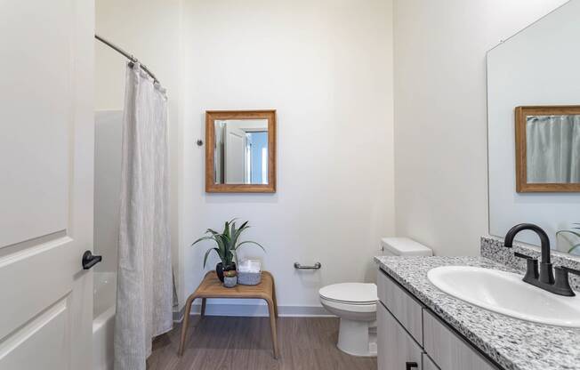 Hermitage, TN Apartments - Bathroom With Granite Countertops, European-Style Cabinetry, Oversized Vanity Mirror, Hardwood Inspired Flooring, Toilet, And A Shower Wtih Tub.