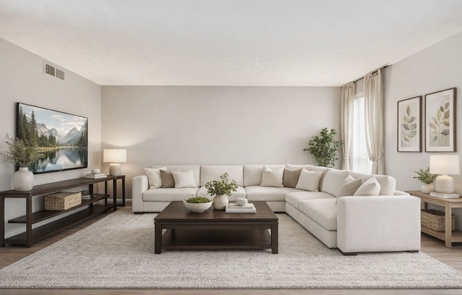 A living room with a white couch, a coffee table, and a painting on the wall.