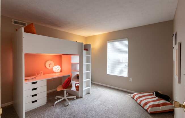 This is a photo of the second bedroom of the 890 square foot 2 bedroom, 2 bath Liberty at Washington Place Apartments in in Miamisburg, Ohio in Washington Township.