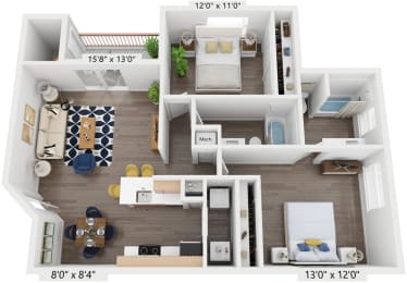 2 beds, 2 baths, 1,075 sqft, $1,870