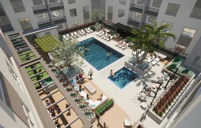 A dynamic courtyard with resort-inspired pool, layered seating, and inviting spaces to relax or connect.
