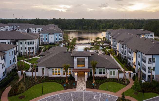 Drift Town Center East aerial view of buildings and lake