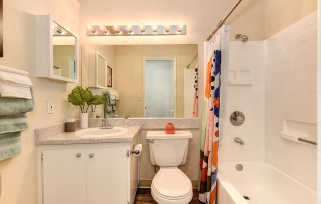 Model home bathroom with a sink toilet and bathtub at Renaissance Park Apartments, California, 95618