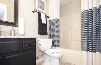 a bathroom with a shower curtain and a toilet and a sink