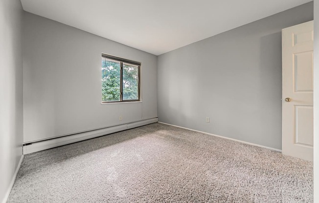 A room with a window and carpeted floor.