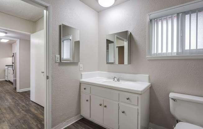 a bathroom with a sink and mirror