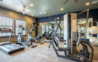 gym with cardio equipment at the whispering winds apartments in pearland, tx