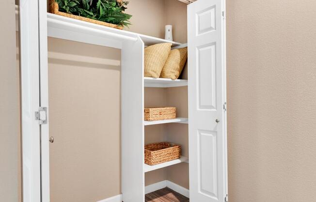 Apartment Hallway Closet with Shelves and White Doors
