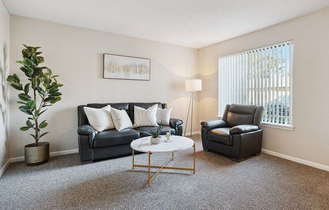 a living room with leather furniture and a coffee table