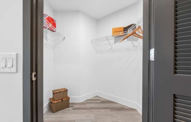 room with white walls and wood floors and a closet with two hanging racks