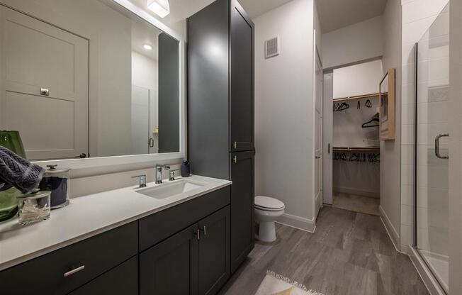 A large bathroom with a sink, mirror, toilet, linen closet, stand-up shower and access to a walk-in closet.