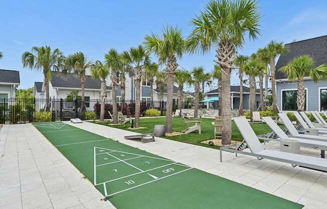 A tennis court is surrounded by palm trees and lounge chairs.