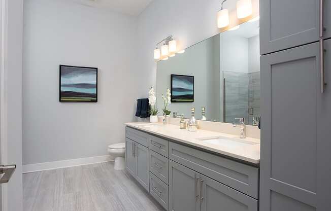 Primary bathroom with vanity at St Mary's Square North Apartments, North Carolina, 27605