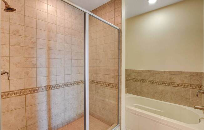 A bathroom with a tiled shower and a bathtub.