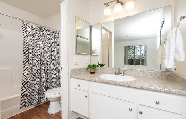 A bathroom with a toilet, sink, and mirror.