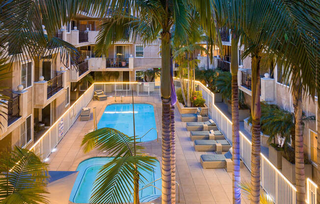 swimming pool with palm trees in front of it