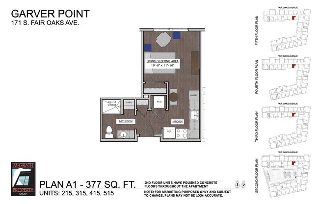 Studio, 1 bath, 377 sqft, $1,280, Unit 515