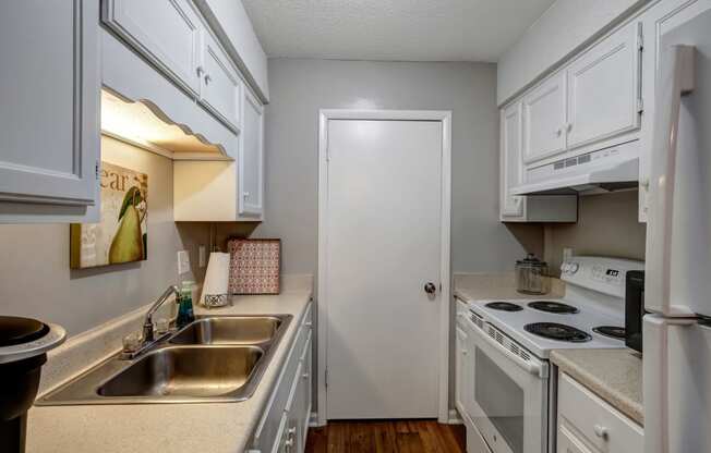 a kitchen with a sink and a stove and a refrigerator