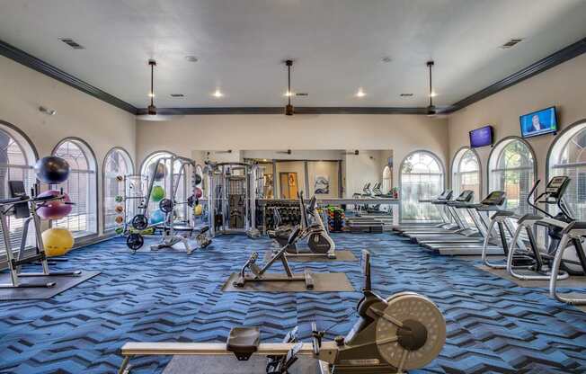A gym with a variety of exercise equipment and a blue patterned carpet.