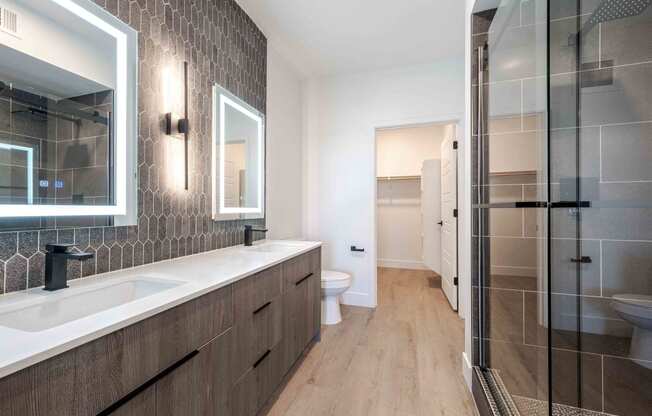 a bathroom with a sink and a shower