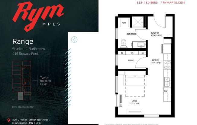 Studio, 1 bath, 416 sqft, $1,150, Unit 202