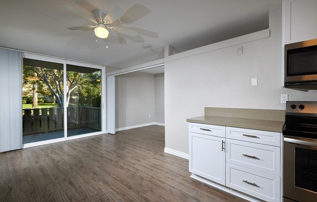 Studio kitchen and living area with bedroom separation