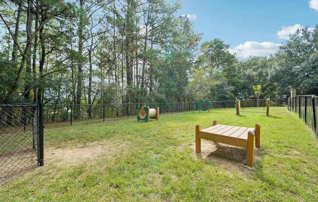 A wooden bench sits in the middle of a grassy area with trees in the background.