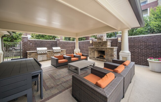 outdoor lounge and fireplace