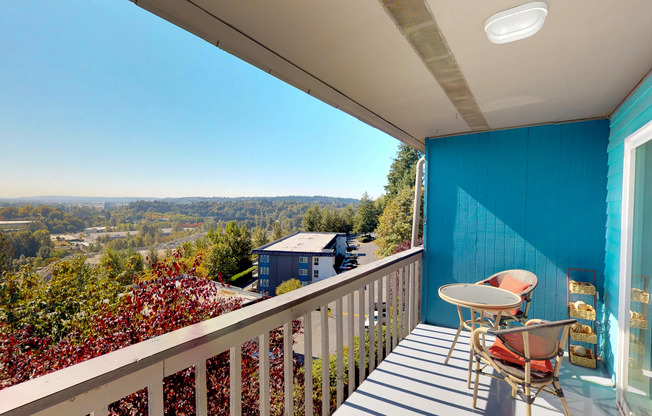 Renton WA Apartments for Rent - Sunset View - Apartment Balcony with Blue Walls and Views of Foliage