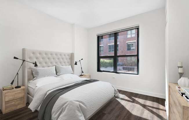 Beautiful Bright Bedroom With Wide Windows at The Madison at Racine, Chicago