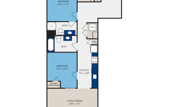 2 beds, 2 baths, 1,043 sqft, $1,591, Unit W102