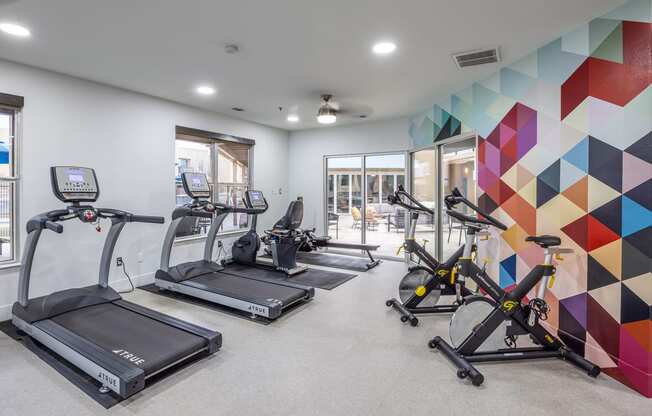 the gym with treadmills and fitness equipment at the flats at 3600 apartments