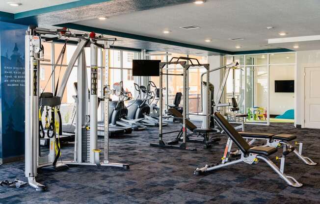 a gym with weights and cardio equipment in a room with glass walls