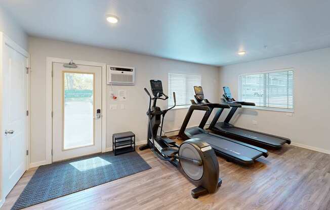 A home gym with a treadmill, elliptical trainer, and stationary bike.