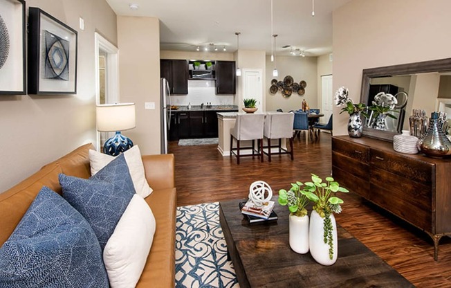 a living room with a couch and a table