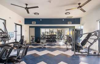 a gym with weights and cardio machines and ceiling fans