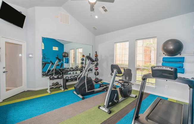 A bright and modern gym space featuring exercise equipment such as treadmills and stationary bikes, free weights, and a large mirror. The room is decorated with colorful carpeting and has natural light coming through several windows, creating an inviting atmosphere for workouts.
