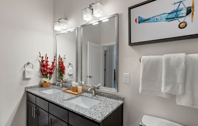a bathroom with a vanity with two sinks and a mirror