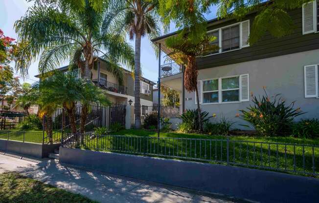 a street view of two apartment buildings with palm trees in front of them