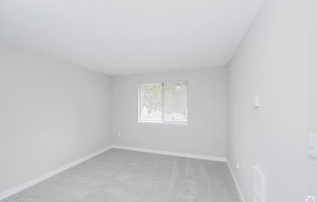 A white room with a window and carpeted floor.