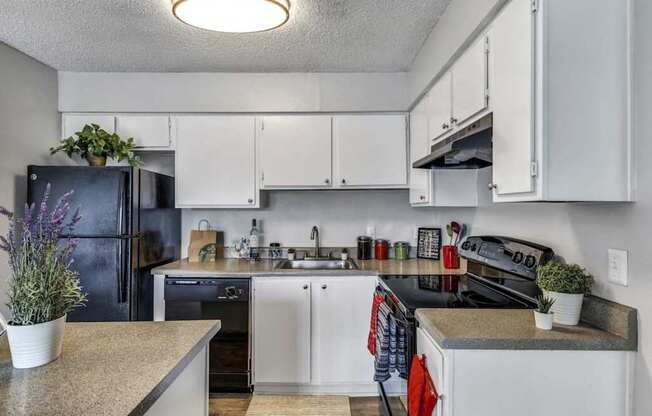 A kitchen with white cabinets and a black fridge.at Viva Max, San Antonio, TX 78228