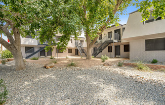 a courtyard with trees in front of a building
