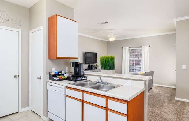 a kitchen with white cabinets and a white dishwasher