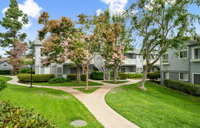 an apartment building with trees and a sidewalk