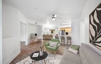 a living room with a couch and a chair and a kitchen with a dining area