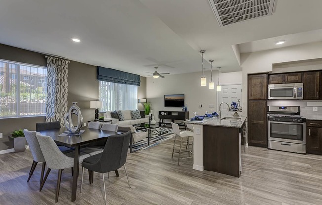 Appliances in the kitchen with dining and living room at The View at Horizon Ridge, Nevada, 89012