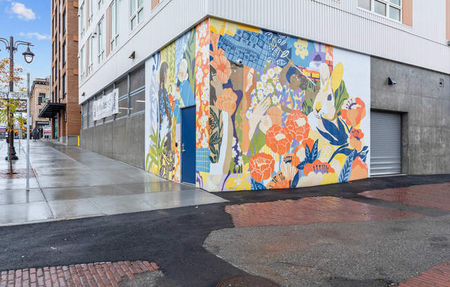 The Warren Apartments Exterior Sidewalk and Wall Mural