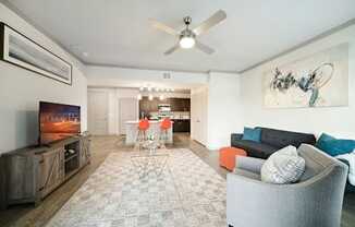 a living room with white walls and a checkered rug